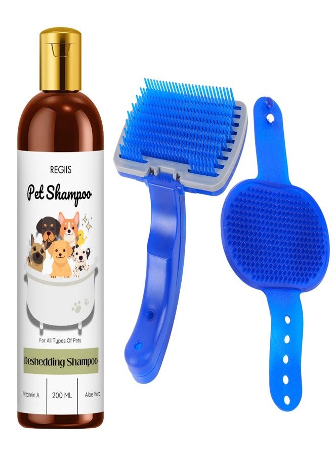 مجموعة ريجيس لشامبو العناية بالحيوانات الأليفة، شامبو لإزالة الشعر الزائد مع فيتامين أ والصبار، 200 مل، فرشاة سيليكون زرقاء، لجميع أنواع الحيوانات الأليفة (عبوة من 3 قطع) - Image 1